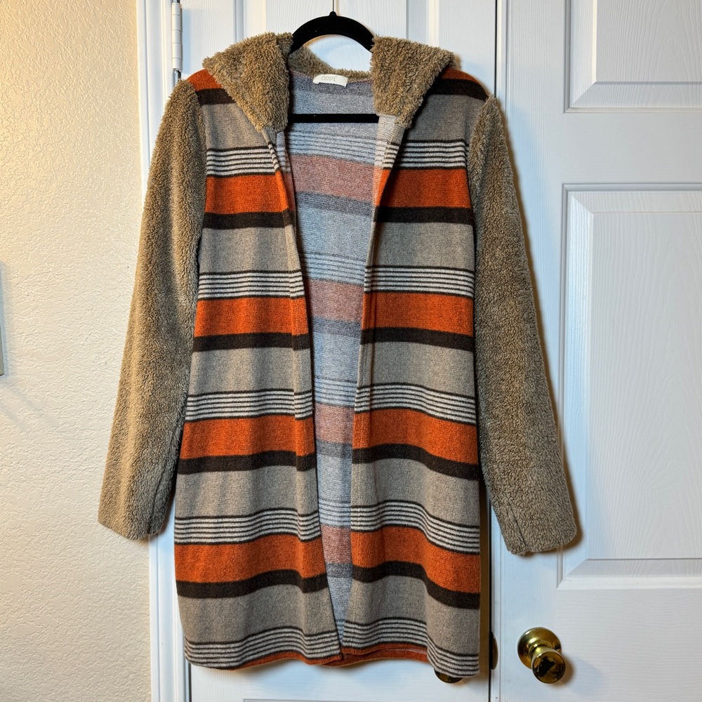 ODDY Tan & Orange‎ Stripe Hooded Cardigan Sweater W/Furry Hood & Long Sleeves